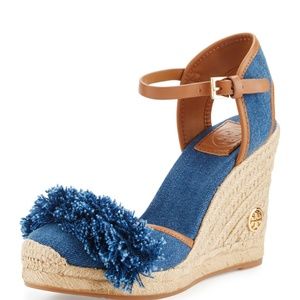 Tory Burch Shaw Denim Espadrille Wedge Shoes, NEW